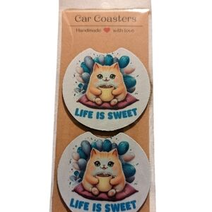Car Coaster Set - Life Is Sweet Cat - Handmade
